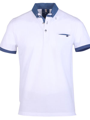 Мъжка тениска в бяло с дънкова яка-93429-76.00 лв