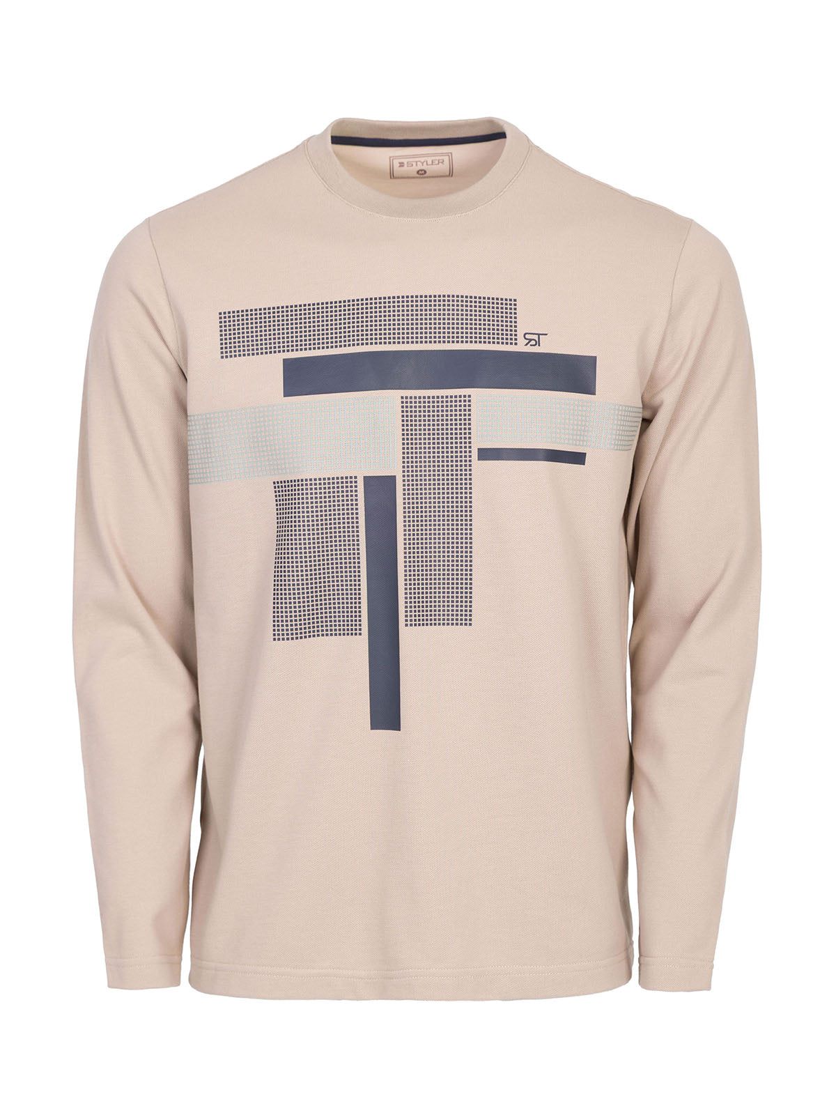 Блуза в бежово пике с тъмно син принт