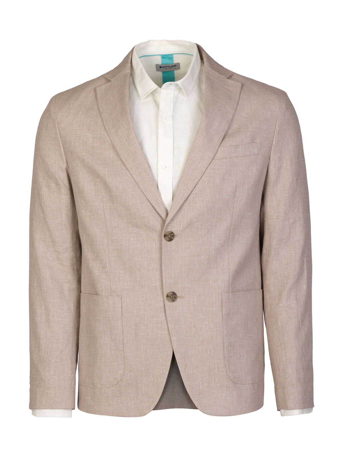 Мъжки ленен костюм в бежов меланж