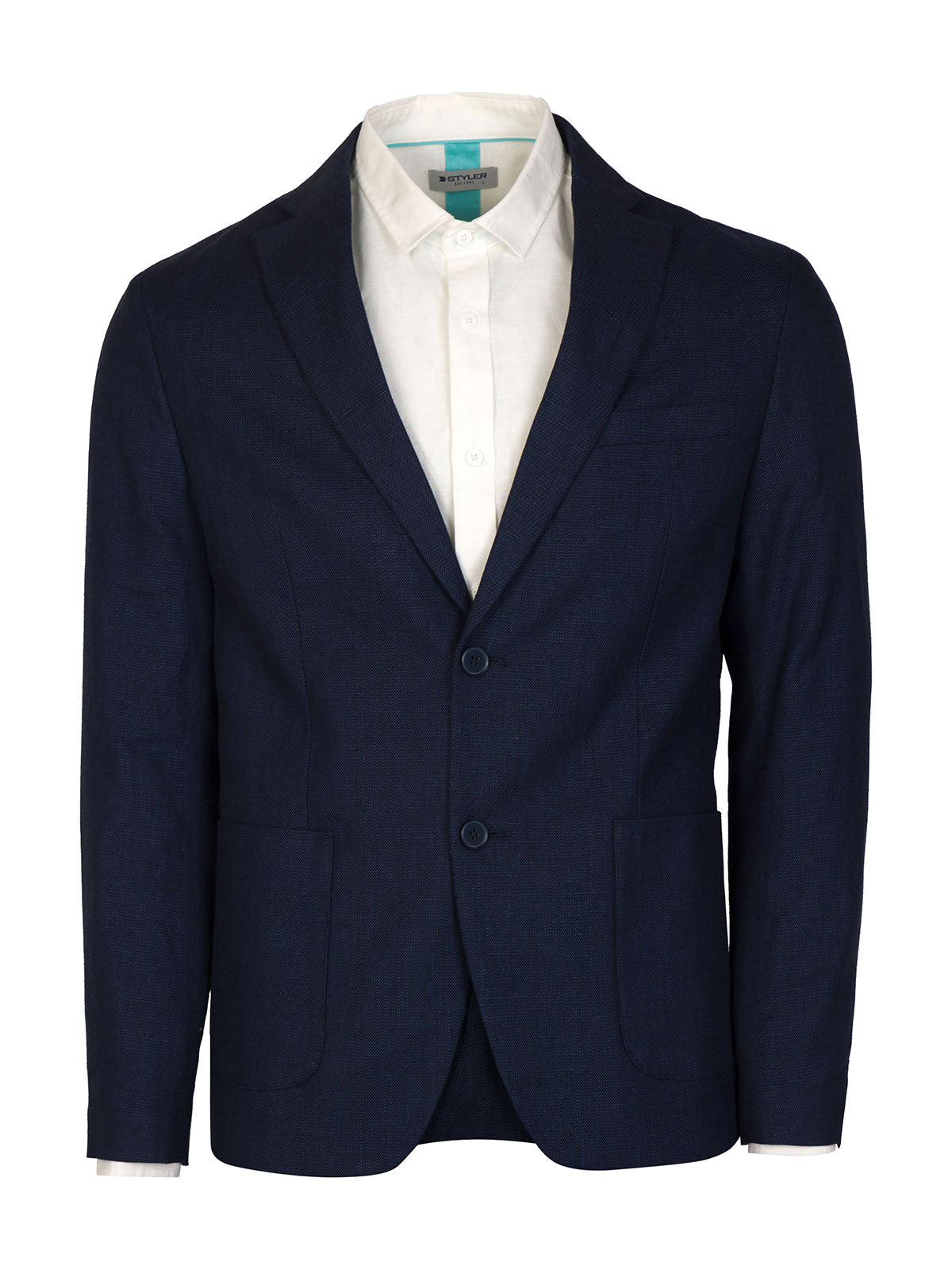 Мъжки ленен костюм в тъмно син меланж