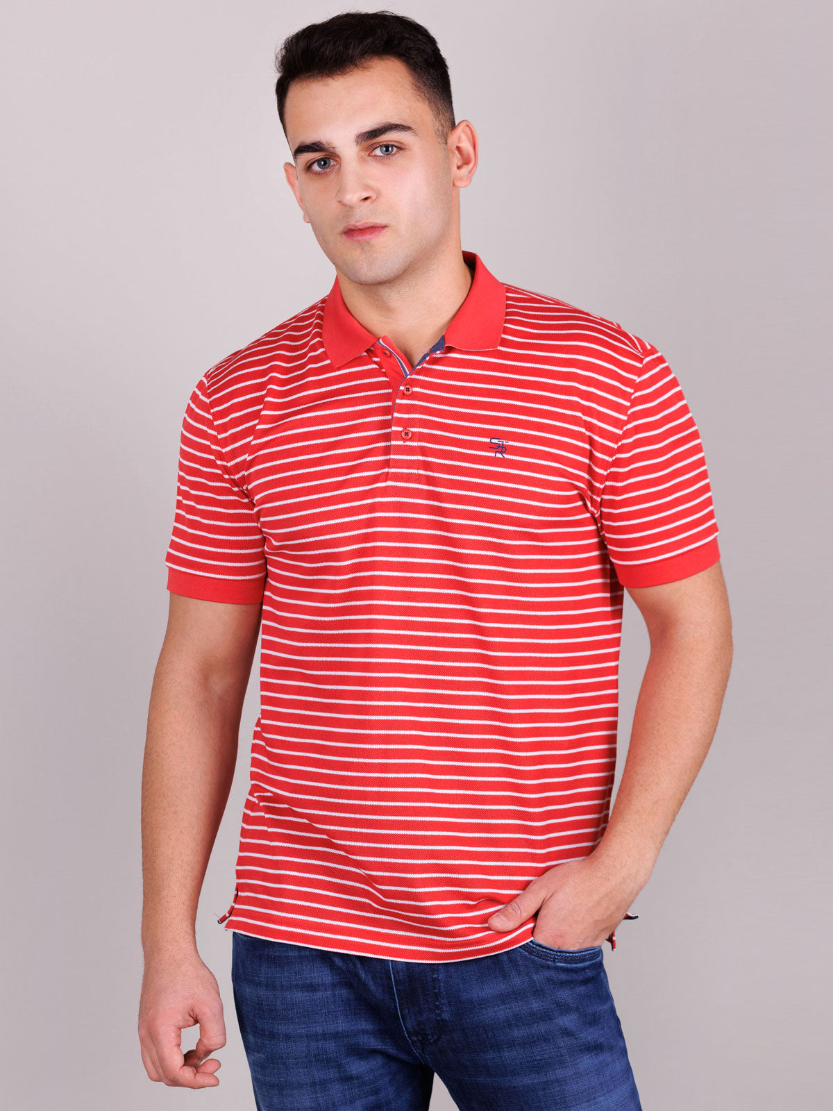 Тениска в корал с бяло райе