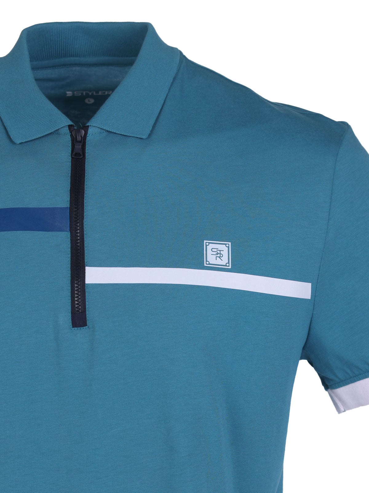 Тениска в тюркоаз с плетена яка